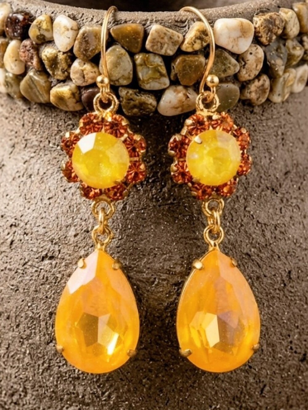 Bursting Yellow Swarovski Crystal Earrings In Dangling Drop Gold Plated Earrings